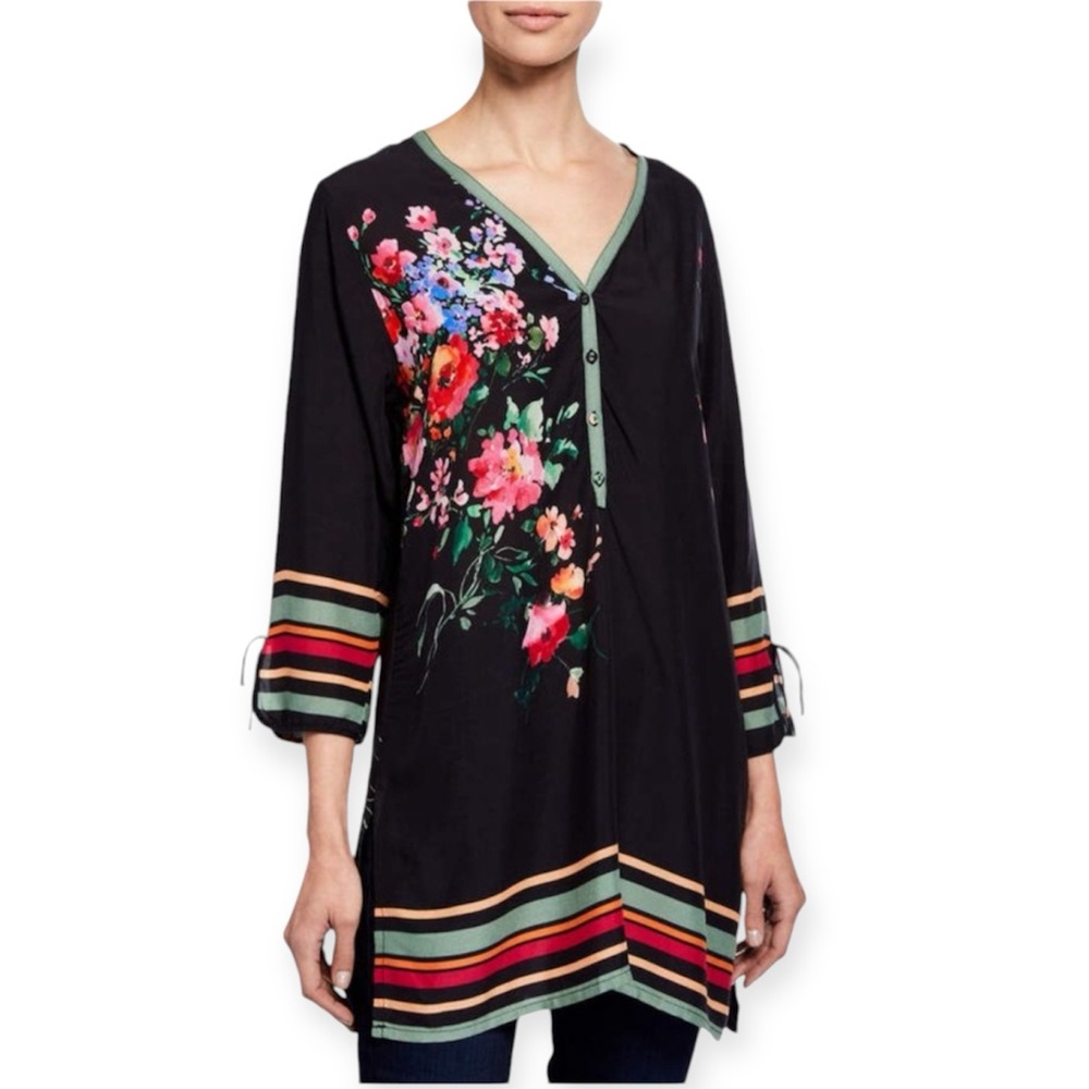 Johnny Was Black Floral Tunic with Pink Red Blue Accents